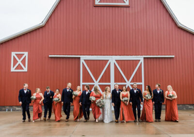 Bridal Party outside Big Red Barn at Parker Run Wedding Venue
